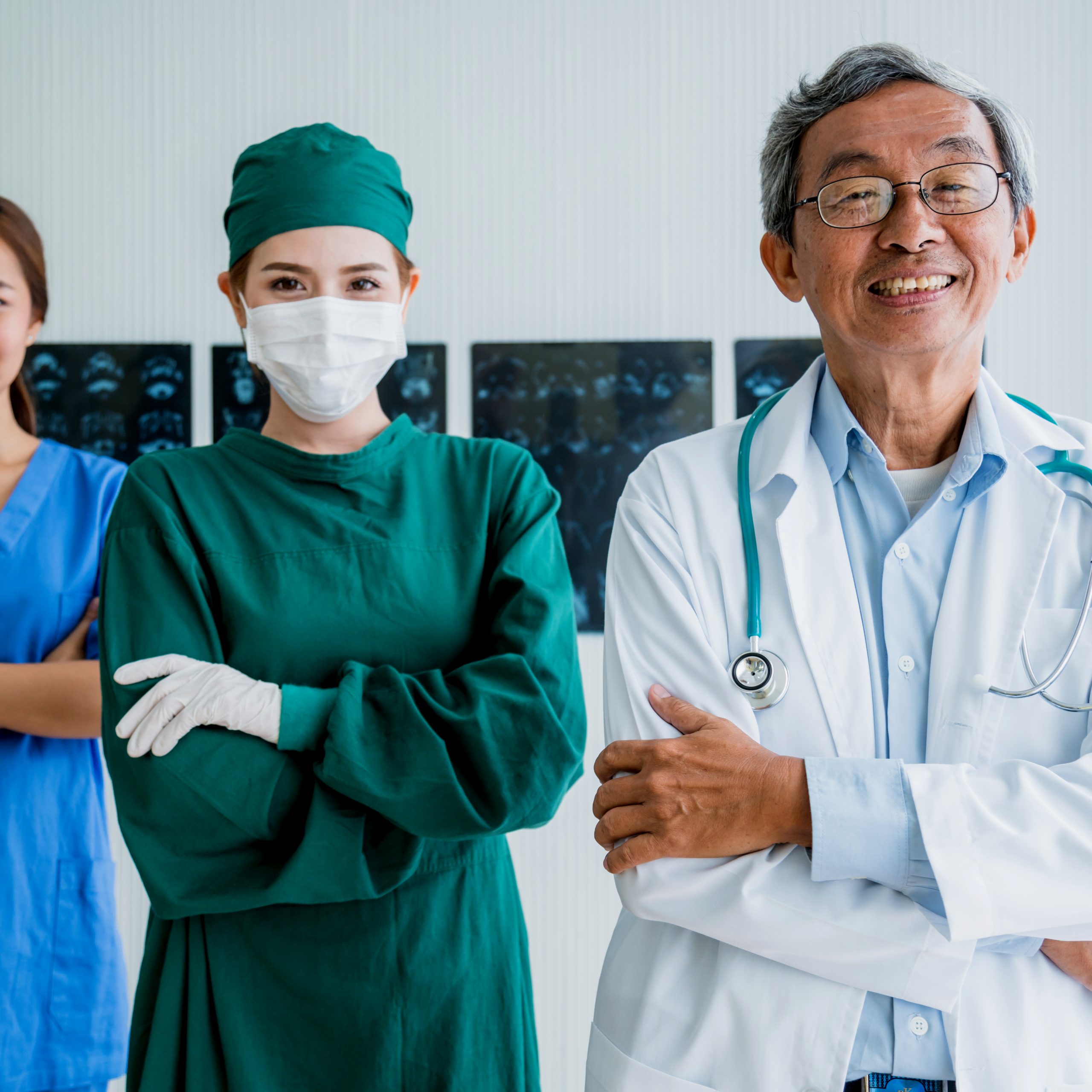 hospital, doctor, nurse smile with happiness confident with clinic background