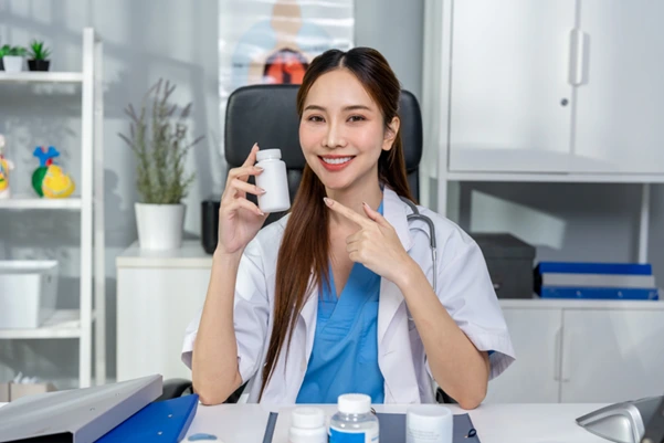 A nose specialist holding a bottle of medicine A nose specialist holding a bottle of medicine