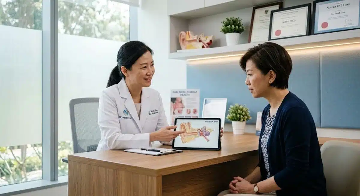 ENT Hearing Consultation Process An ENT specialist at Novena ENT explaining ear anatomy on a tablet to a female patient during a consultation.