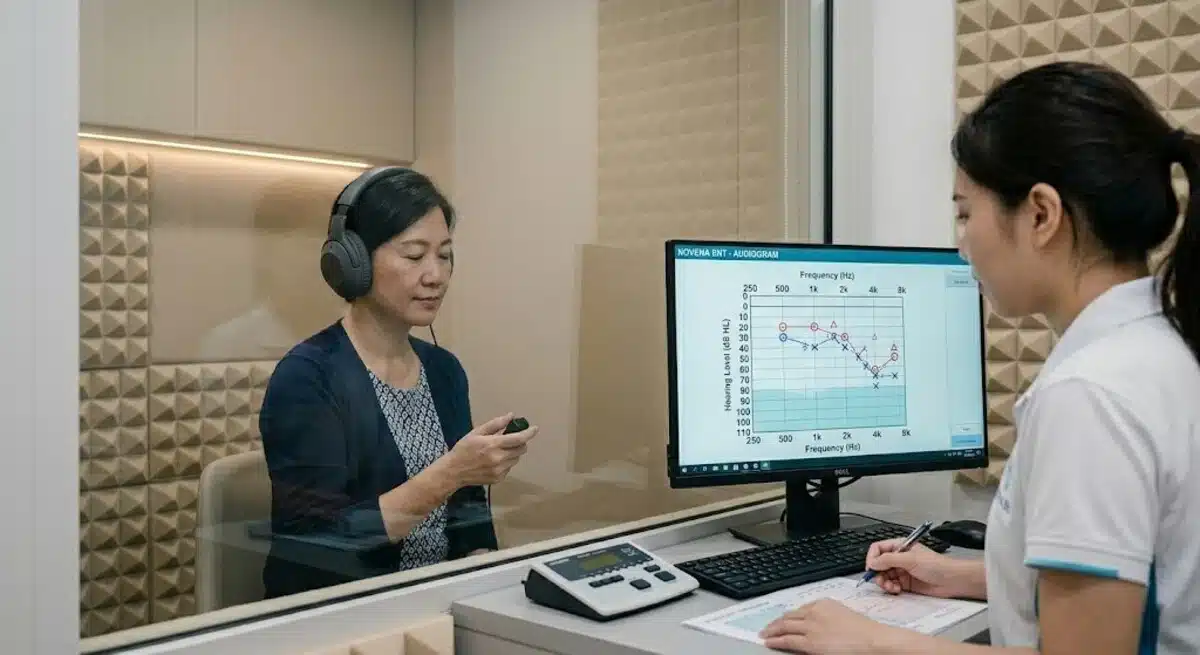 Pure Tone Audiometry Assessment A patient wearing headphones inside a soundproof booth holding a clicker during a pure tone audiometry test.