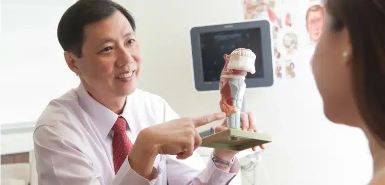 Head and Neck Specialist Singapore Consultation Head and neck specialist Singapore explaining throat anatomy and treatment options during an ENT consultation