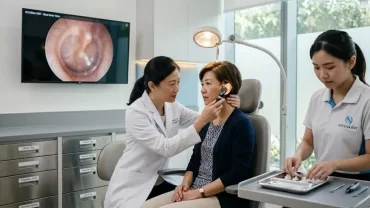 A doctor performing a physical ear examination on a patient using an otoscope to check for wax or infection.