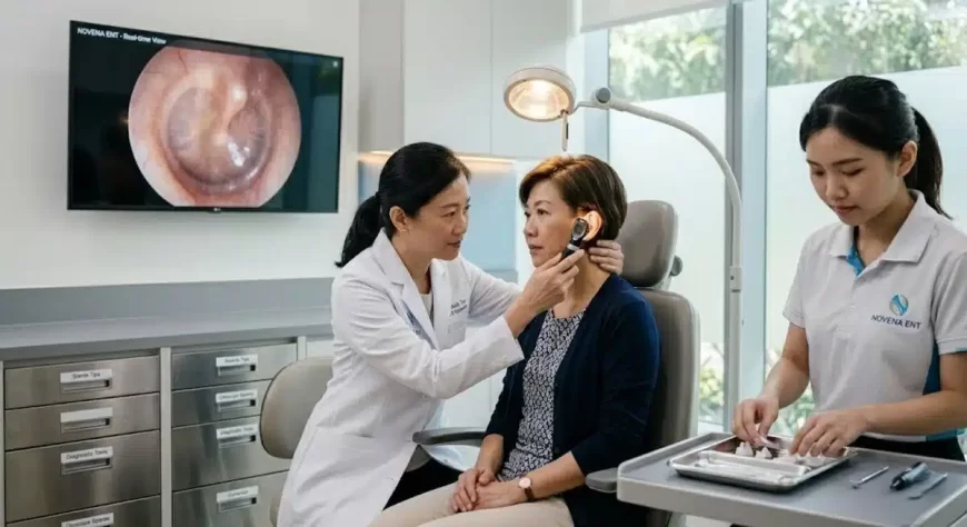 A doctor performing a physical ear examination on a patient using an otoscope to check for wax or infection.